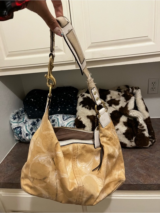 Suede Shoulder Hobo Bag in Tan with White Trim